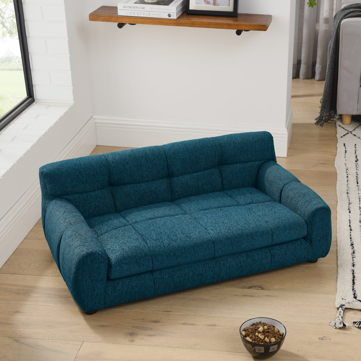 Dog Sofa for Large Dogs, Orthopedic Pet Couch with Backrest and Armrests, Soft Linen Pet Bed for Medium Dogs, Modern Rectangular Pet Furniture, Blue