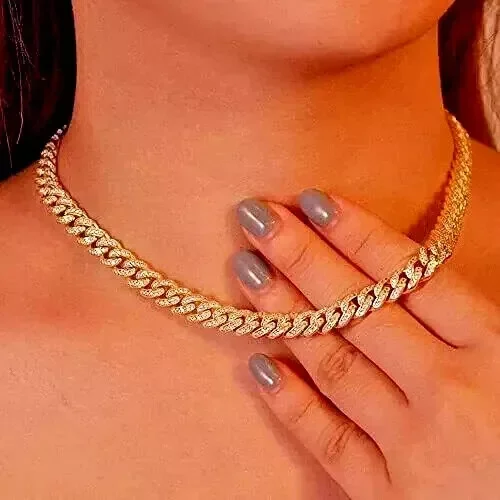 8MM Round Moissanite Cuban Link Hip Hop Necklace 14K Yellow Gold Plated