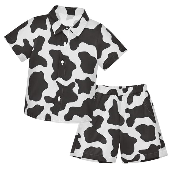 Black White Cow Print Pattern Boys' Hawaiian Shorts Sets Button Down Shirts 3T-10Y for Beach Vacation