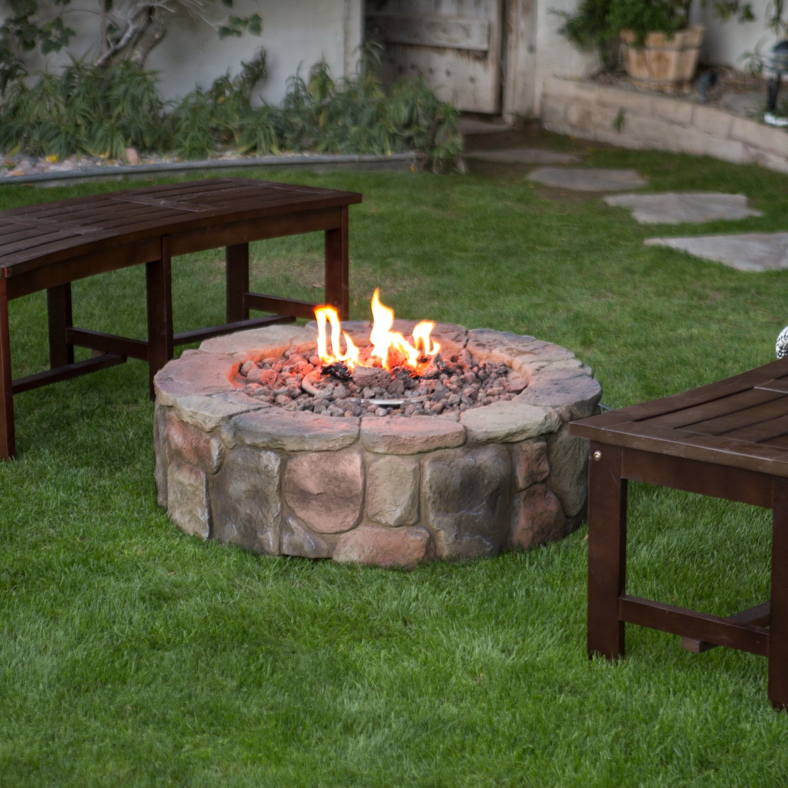 36 In Outdoor Round Camp Fire Pit Propane Gas Patio Rustic Faux