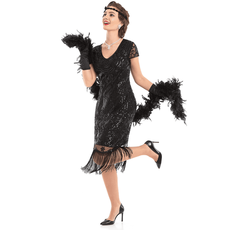 Women's 1920s Flapper Fringe Beaded Great Gatsby Party Dress with Costume  Set, Black, L price in UAE,  UAE