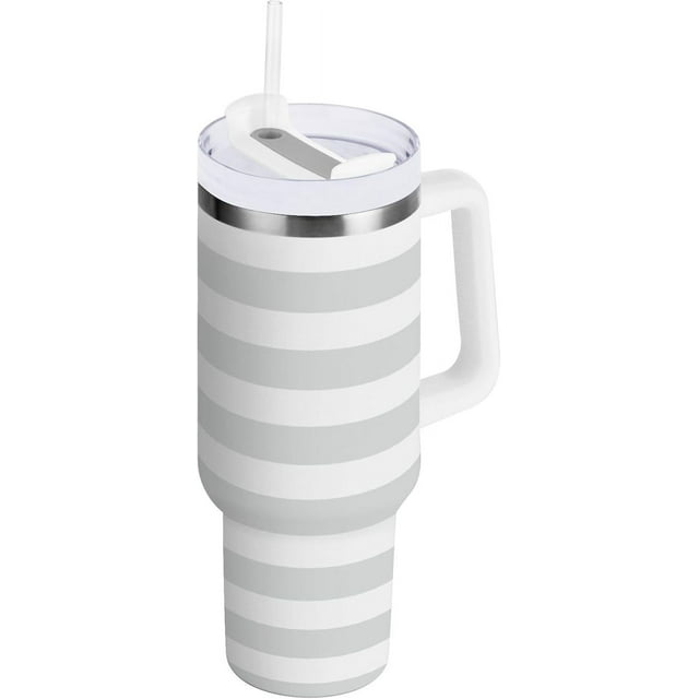 Gobelet de 30 oz avec Poignée, Couvercle et Paille, Gobelet d'Eau Isolé, Tasse d'Eau en Acier Inoxydable, Tasse Bouteille Réutilisable, Compatible avec Porte-Gobelet, Rayures Grises