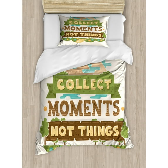 Saying Duvet Cover Set Twin Size, Mountainous Design with Flowers and Landscape Layout Wise Saying, Decorative 2 Piece Bedding Set with 1 Pillow Sham, Umber Pastel Brown, by Ambesonne