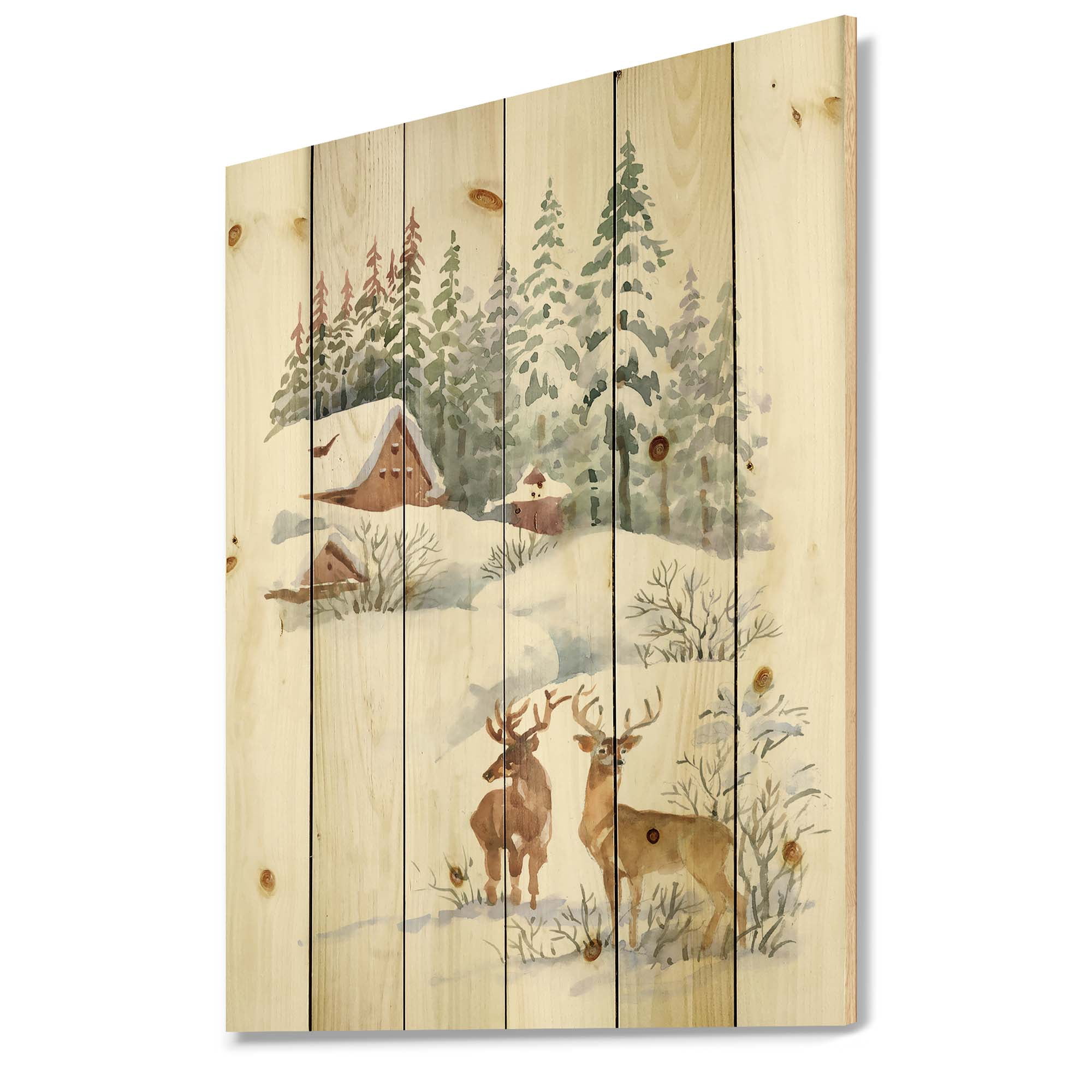 Designart 'Two Deers With Winter Cottage' Farmhouse Print on Natural Pine Wood