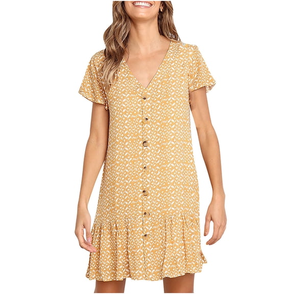 Jophufed Fashion Women Graduation Dress Sexy Short Sleeve Skirt V-neck Ruffle Printing Button Mini Summer Dresses for Women 2025