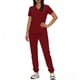 thumbnail image 4 of Conjunto de uniforme médico para mujer, cuello en V, manga corta, blusa, cintura elástica y pantalones deportivos, color sólido, conjunto de trabajo de enfermería de 2 piezas con bolsillos., 4 of 7