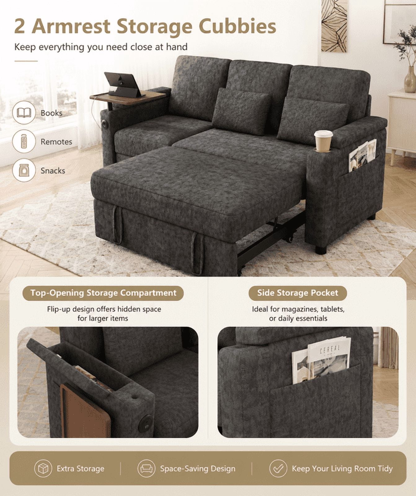 3-in-1 Convertible Sofa Bed, 3-Seater Chenille Couch with Adjustable Backrest, USB Charging Ports, Table Board and Storage Armrests, 81'' Foldable Sleeper Sofa for Living Room