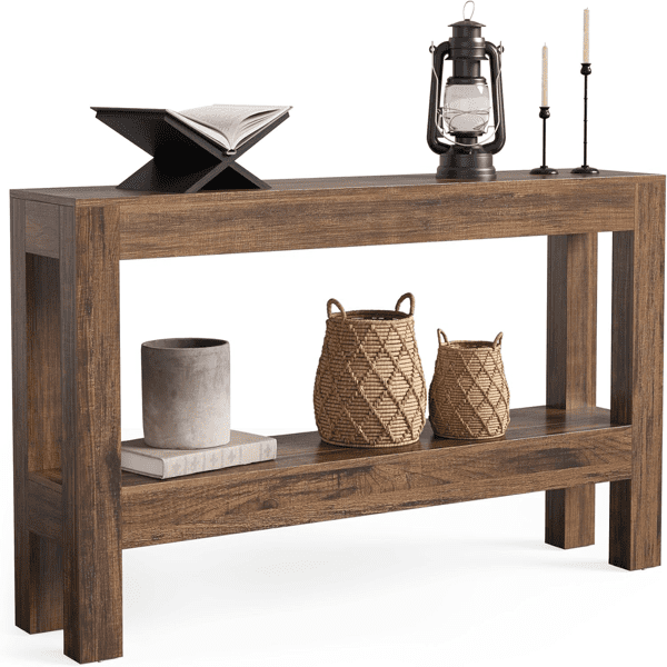 63" Rustic Farmhouse Console Table - 2-Tier Storage Shelves, Rich Brown Wood Grain, Sturdy MDF, Narrow Design for Entryway, Hallway, Living Room, Sofa Side