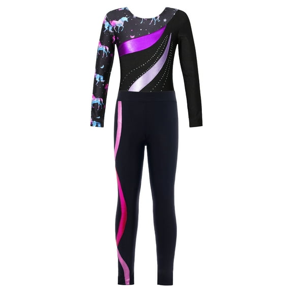 Miutii Kids Girls Gymnastics Dance Outfits Long Sleeve Leotard Biketard Jumpsuit with Leggings Pants Set Activewear Purple&Hot Pink 6