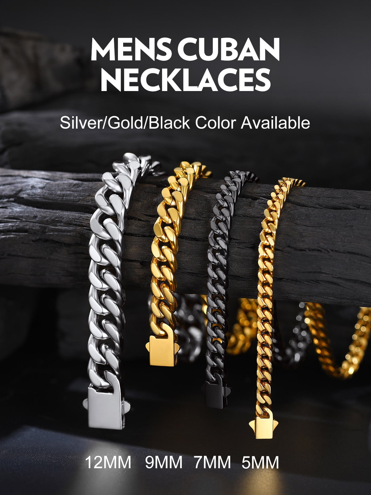 Bandmax 5MM Stainless Steel Mens Chain Necklaces Miami Cuban Link Black Chain for Men 18 Inches Chunky Cuban Chain Men Jewelry Birthday Valentines Father Day Gift for Dad Son Husband