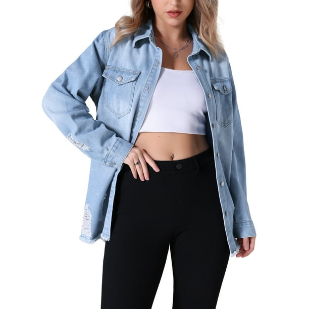 Chaqueta de mezclilla de manga larga con botones y bolsillos para mujer, estilo oversized, con dobladillo deshilachado, color azul claro, talla S