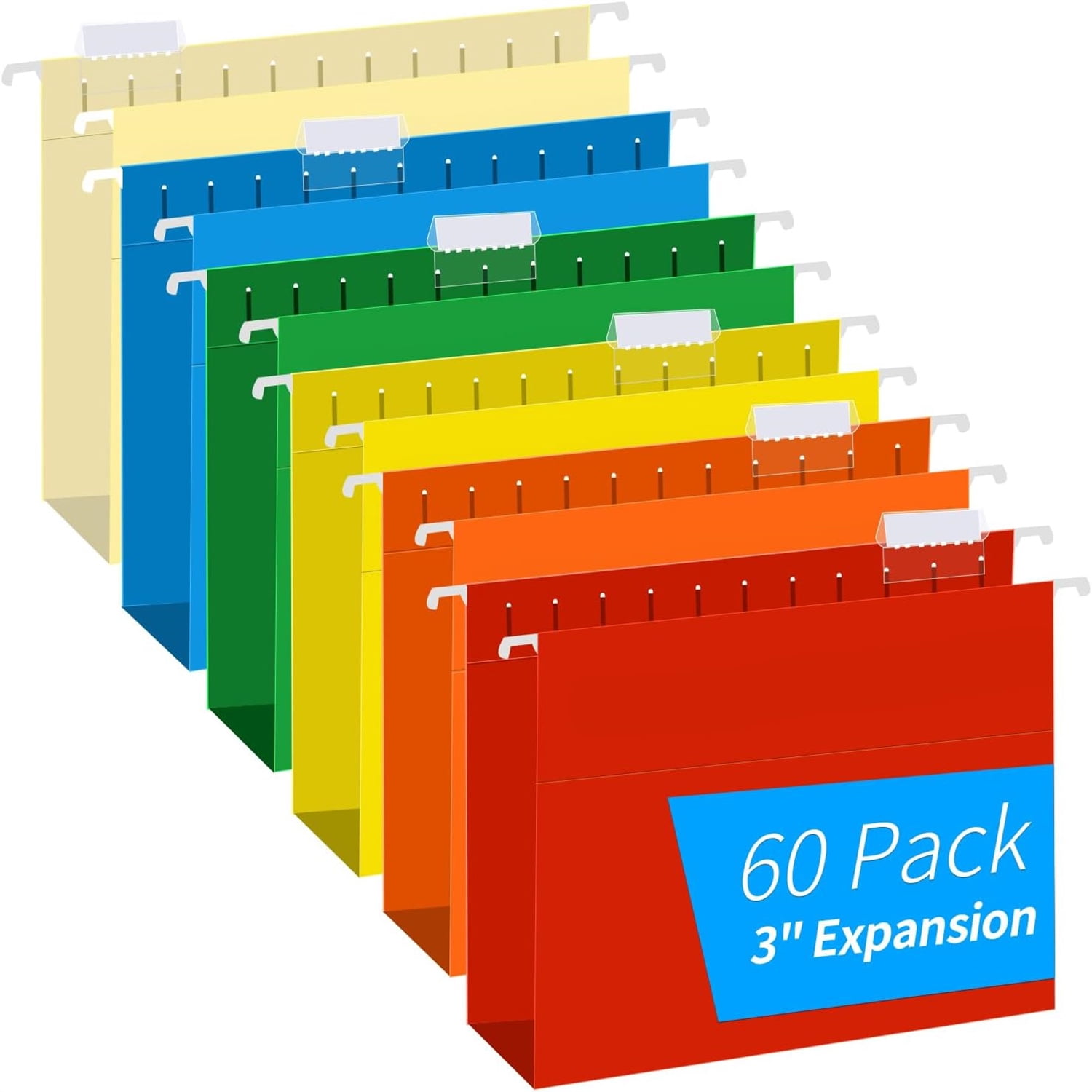 Hanging File Folders, 60 Pack Letter Size with 3 Inch Expansion, Reinforced Cardboard Base, Adjustable Top Tabs, Assorted Colors