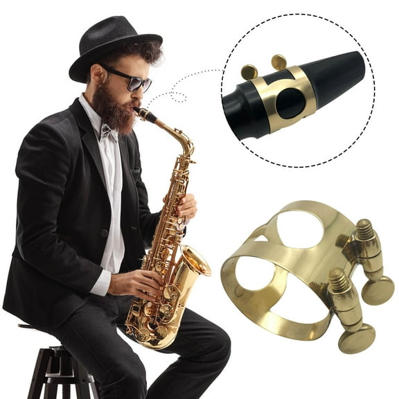 JGJJUGN Gold Alto Saxophone Mouthpiece Ligature - Double Screw Fastener, Metal Ligature Accessory, Saxophone Mouthpiece Protection, Brass Finish, Adjustable Diameter, Universal Fit