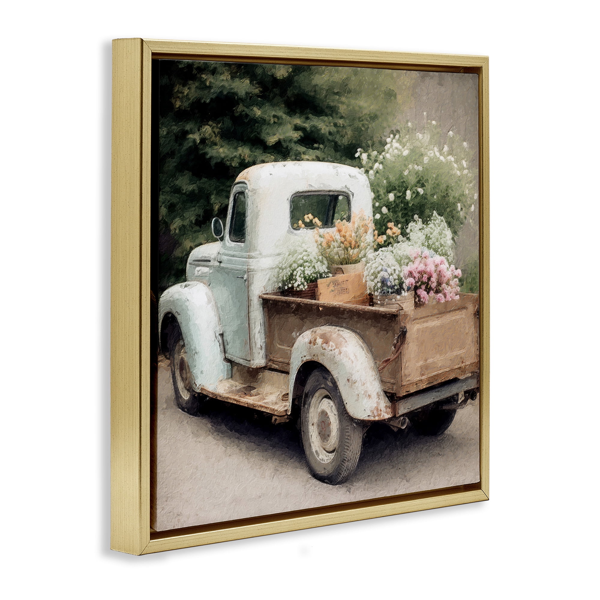 Stupell Industries Country Florals in Truck Transportation Painting Gold Floater Framed Canvas Art Print Wall Art, 25 x 25