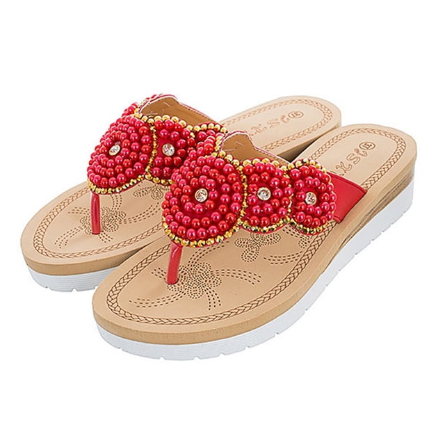 Mujeres señoras cadena cuenta plana Flip-Flop playa zapatos casuales verano Wmkox8yii hj789