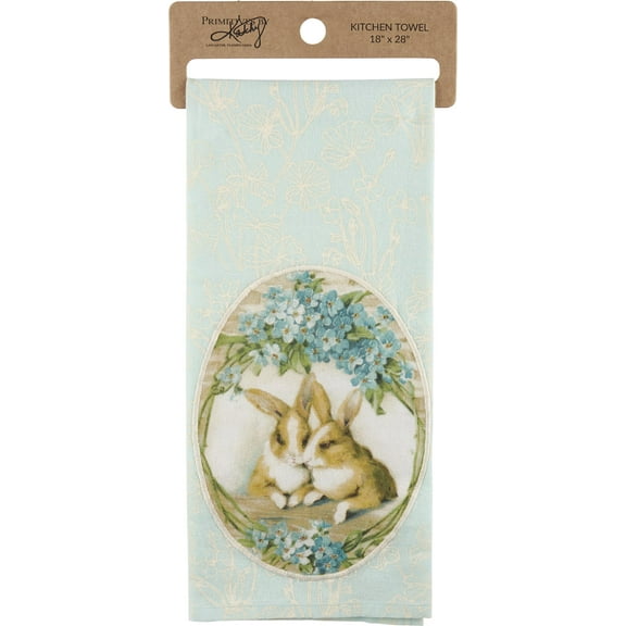 Primitives by Kathy Bunnies Surrounded by Blue Flowers Kitchen Towel