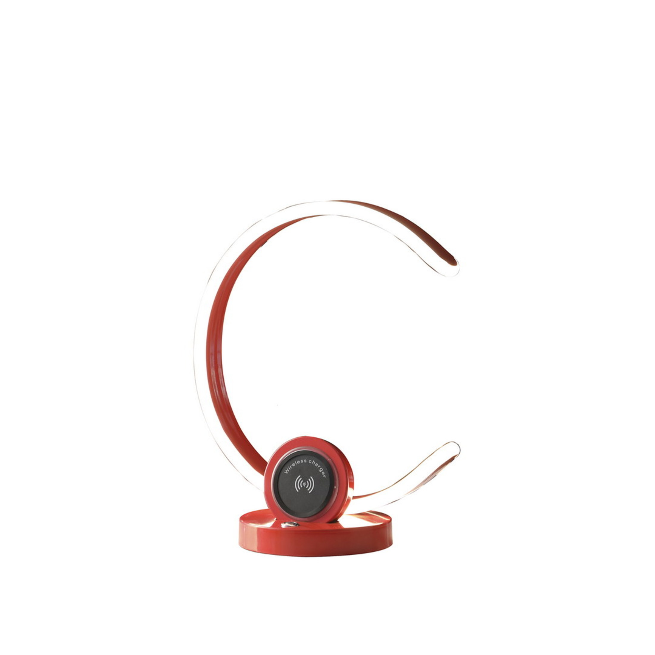 Noble House 13.25" Modern C-Shape LED Metal Table Lamp, Touch Dimmer, USB and Wireless Charger, Bright Red