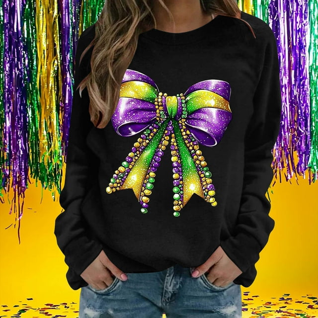 Xuyuer Women's Carnival Printed Long Sleeved Round Neck Mardi Gras Sweatshirt Carnival Outfits Women Carnival Sweatshirts Fat Tuesday Fashionable Pullover Tops