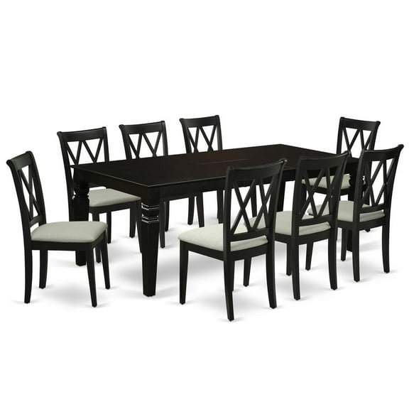 LGCL9-BLK-C 9Pc Dining Set Includes a Rectangle Dining Table with Butterfly Leaf and Eight Double X Back Linen Seat Kitchen Chairs, Black Finish
