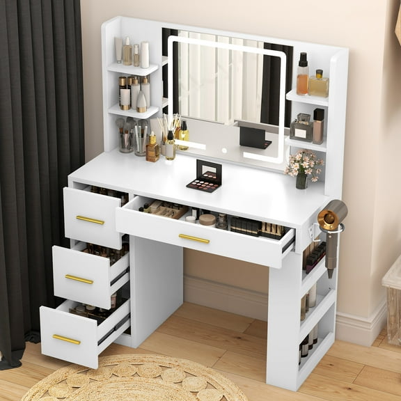 Uforic 40 Inch White Makeup Vanity Desk with LED Mirror, Storage Drawers and Power Outlets