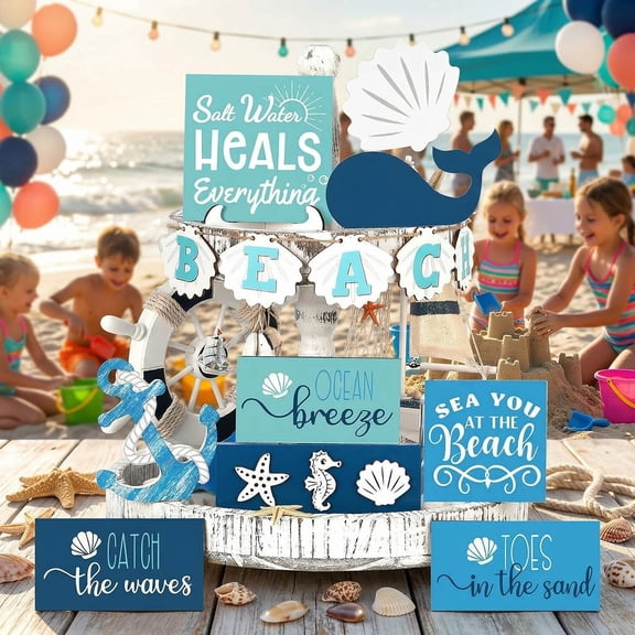 15-Piece Summer Beach Layered Tray Decor Set, Coastal Seashell Nautical Centerpiece Arrangement, Wooden Tabletop Display for Home Kitchen Living Room