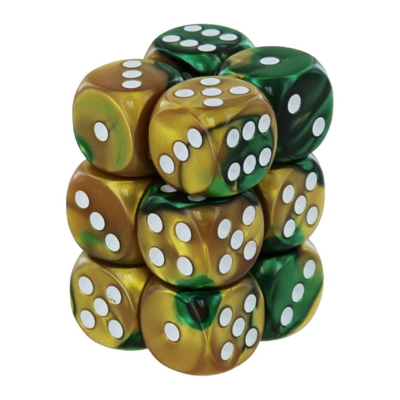 Chessex 26625 Gemini 16mm d6 Block of 12 Dice, Gold-Green with White