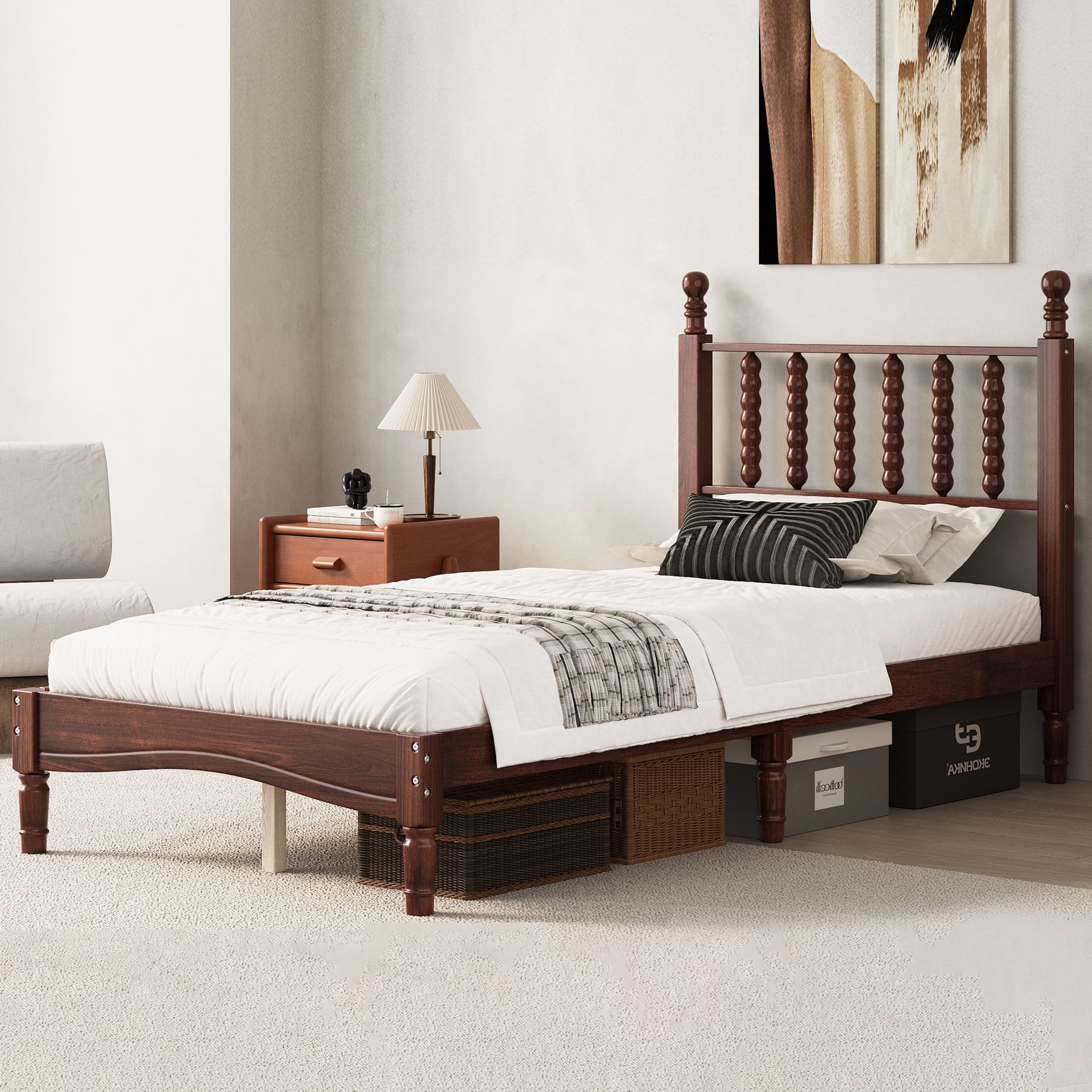 Noble House Twin Size Platform Bed with Gourd Shaped Headboard, Wooden Slat Support, Walnut
