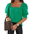 thumbnail image 3 of Solid Square Neck Women's Puff Short Sleeve Sweater Tops Rendy Casual Knit Tops, 3 of 6