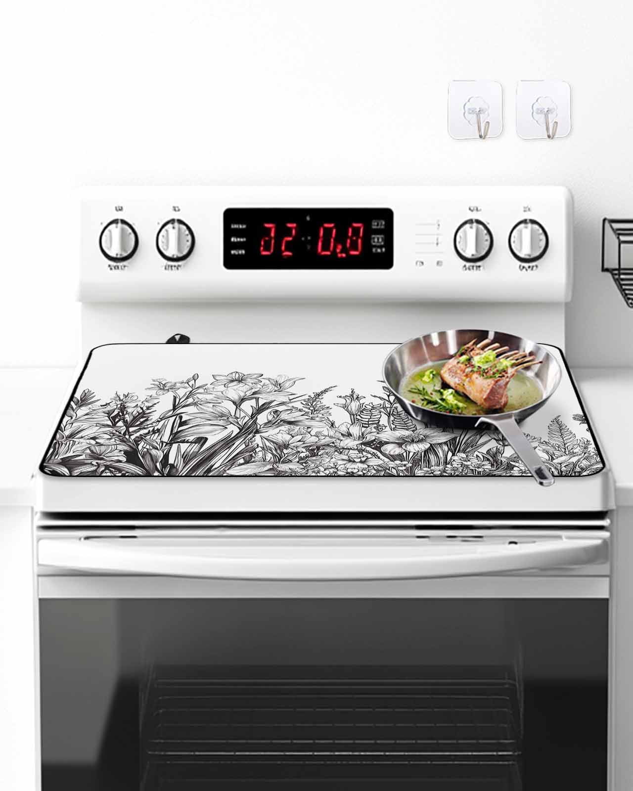 Stove Top Covers for Electric Stove, Wildflower Leaf Glass Stovetop Cover Protector, Grey Floral Botanical White Watercolor Induction Cooktop Protector Oven Mat for Kitchen Countertop 24"x21"