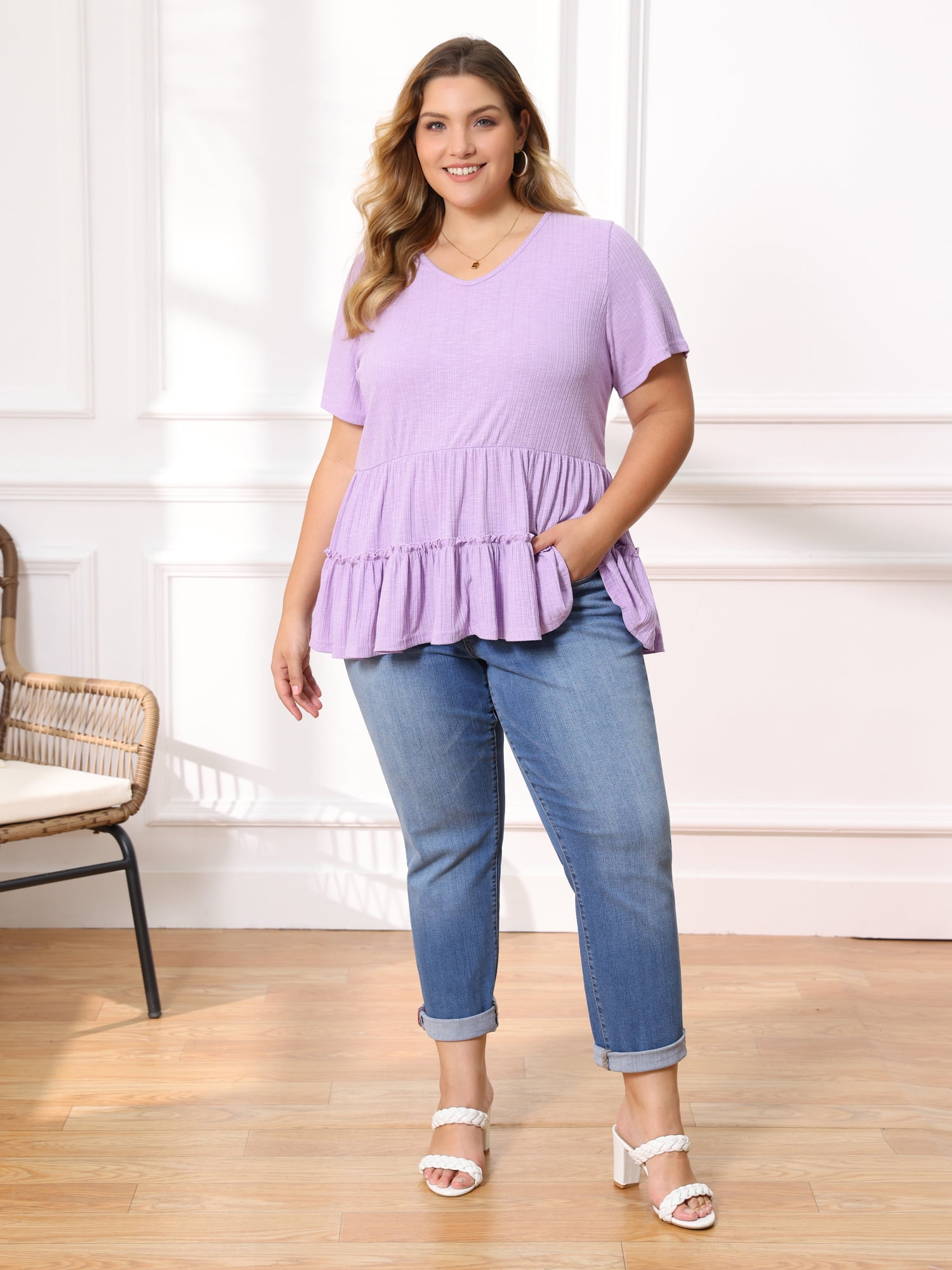 DARING DIVA Women's Plus Babydoll Tops V Neck Casual Loose Fit Blouses 4X Purple