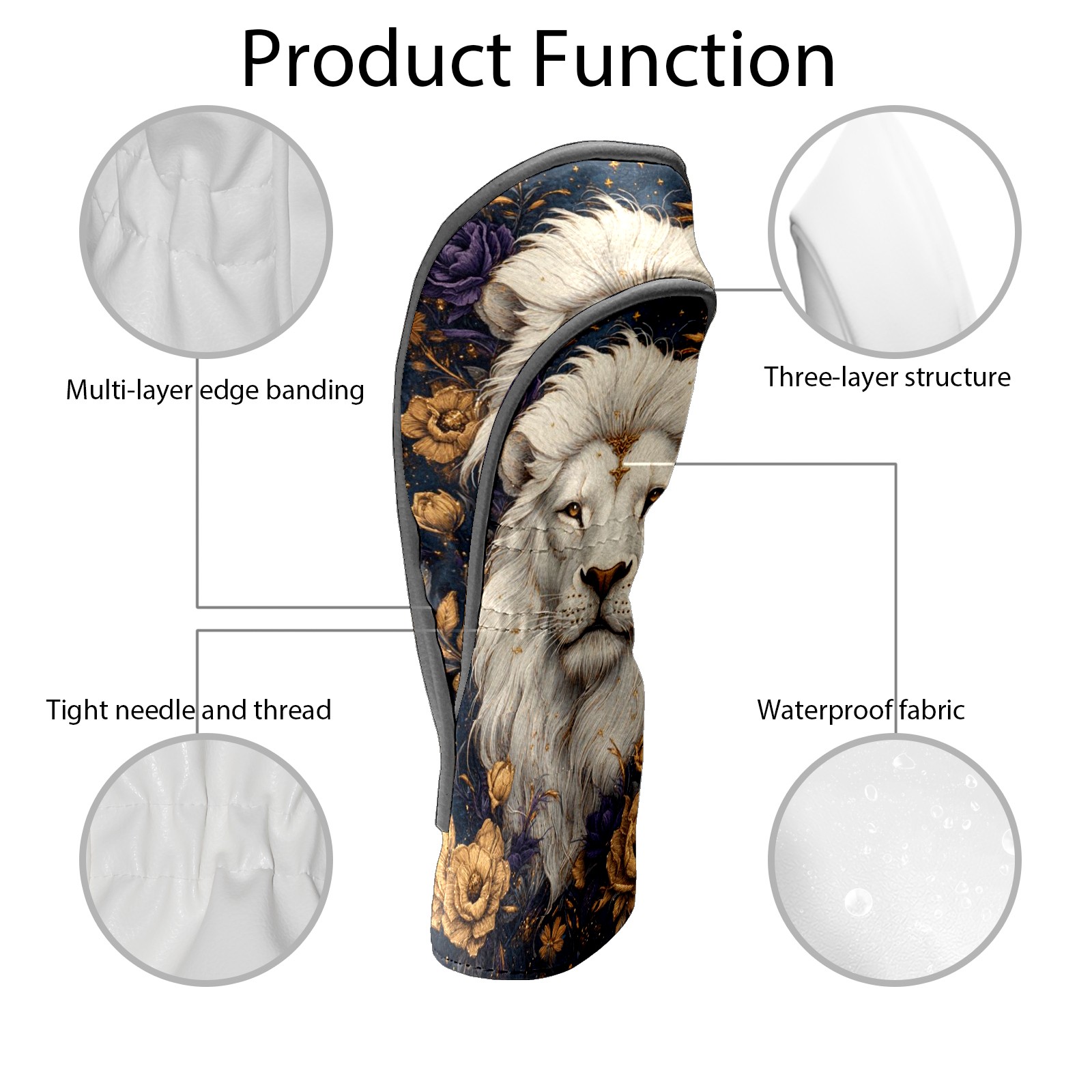 Golf Club Covers PU Leather Waterproof Head Covers for Fairway Woods Hybrids Embroidered White Lion Unisex Fits Most Brands