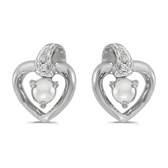 10k White Gold Freshwater Cultured Pearl And Diamond Heart Earrings
