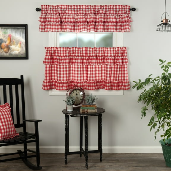 VHC Brands Annie Buffalo Check 3 PC Country Red Ruffled Curtain Set (1 Valance 16x72 and 2 Tier 24x36)