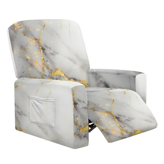 FUIALDOLG White Golden Marble Pattern Recliner Slipcovers with Arms 4 Pieces Lazyboy Chair Cover Home Decor Non Slip Recliner Covers with Pockets Furniture Protector for Living Room