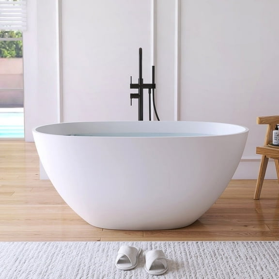 MEDUNJESS 51" Freestanding Solid Surface Resin Stone Bathtubs, Premium Modern Design Stand Alone Tub Soaking Tubs with Overflow and Pop up Drain, Matte White