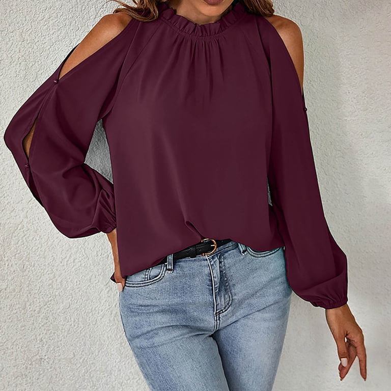 XFLWAM Womens Ruffle Mock Neck Tops Cold Shoulder Puff Long Sleeve