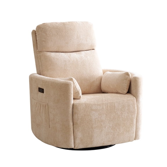 Oversized Power Recliner with Massage and Heat, Swivel Rocker Recliner with Adjustable Headrest, Glider Recliner Nursery Chair with 2 Pillows, rocking nursery recliner for Living Room,Chenille Beige