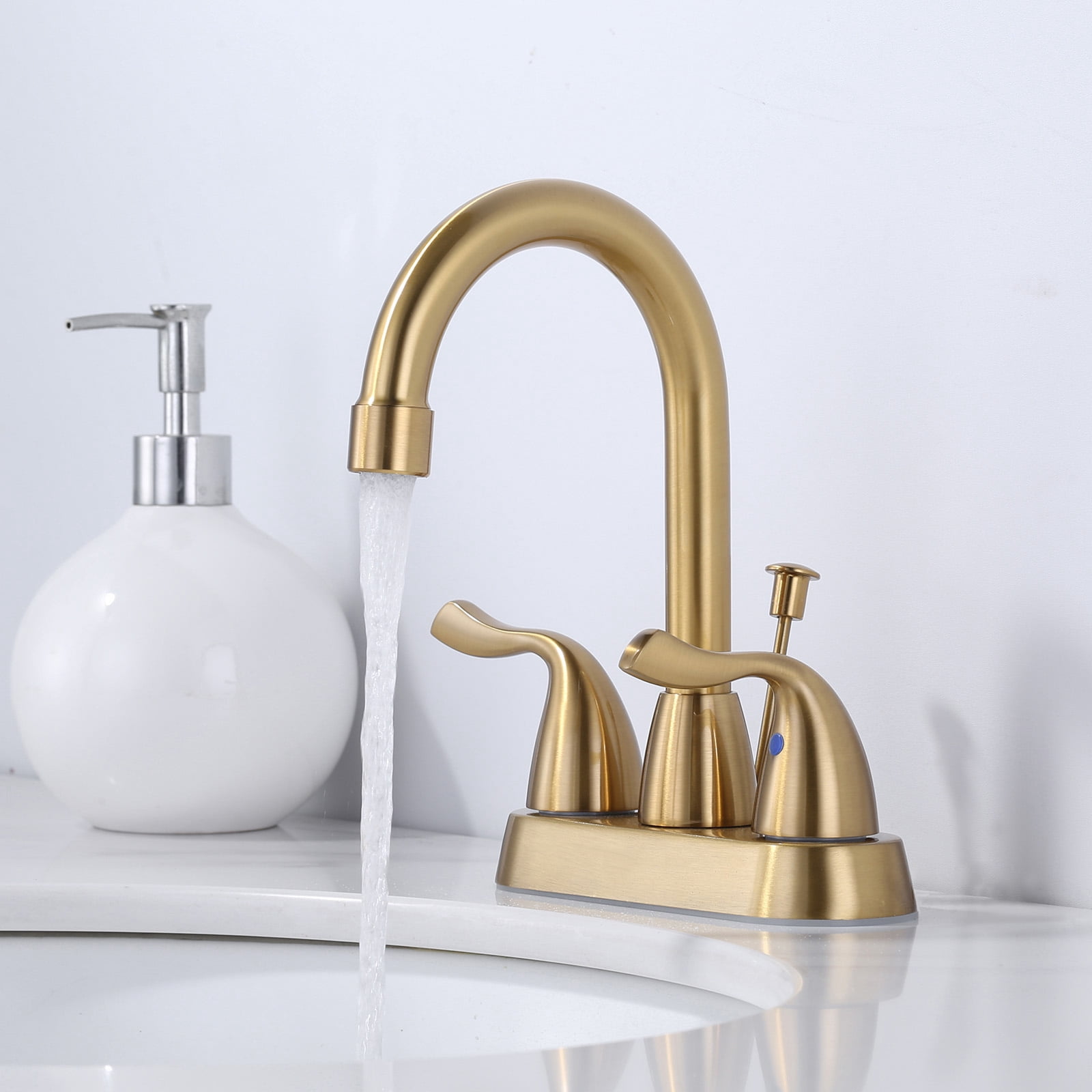 Brushed Gold Bathroom Faucet, WOWOW 4 inch Centerset Bathroom Faucet with Drain Assembly and Supply Lines, Gold Faucet for Bathroom Sink