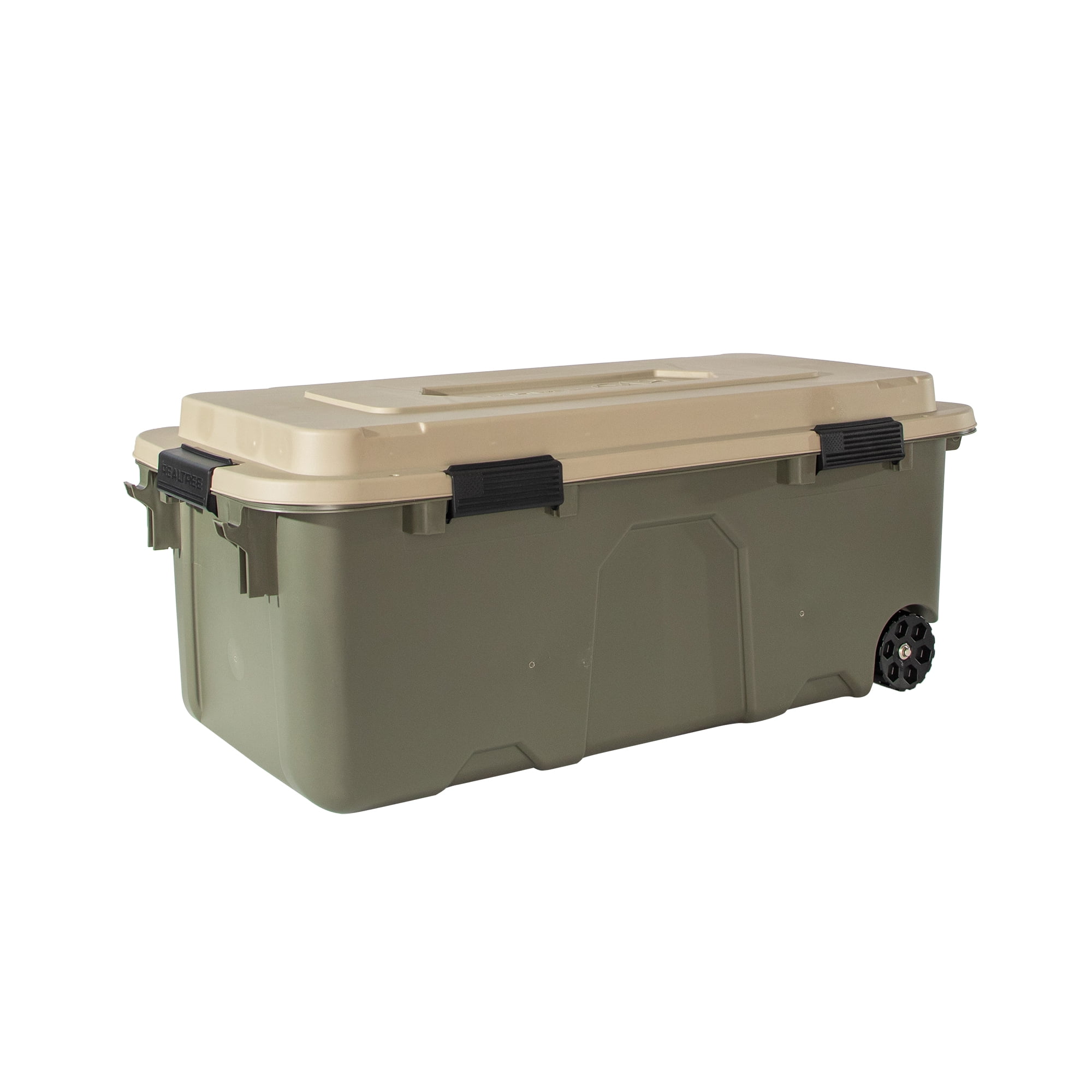Realtree® WEATHERMAX™ 31 Gallon Green and Tan Wheeled Storage Tote with Latching Lid, Heavy Duty Plastic Storage Bin