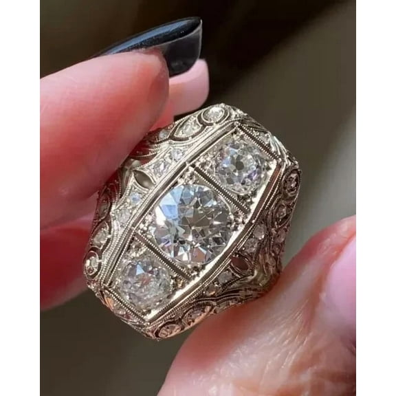 Art Deco Round 2.3Ct Lab Created Diamond Three-Stone 14K White Gold Plated Ring