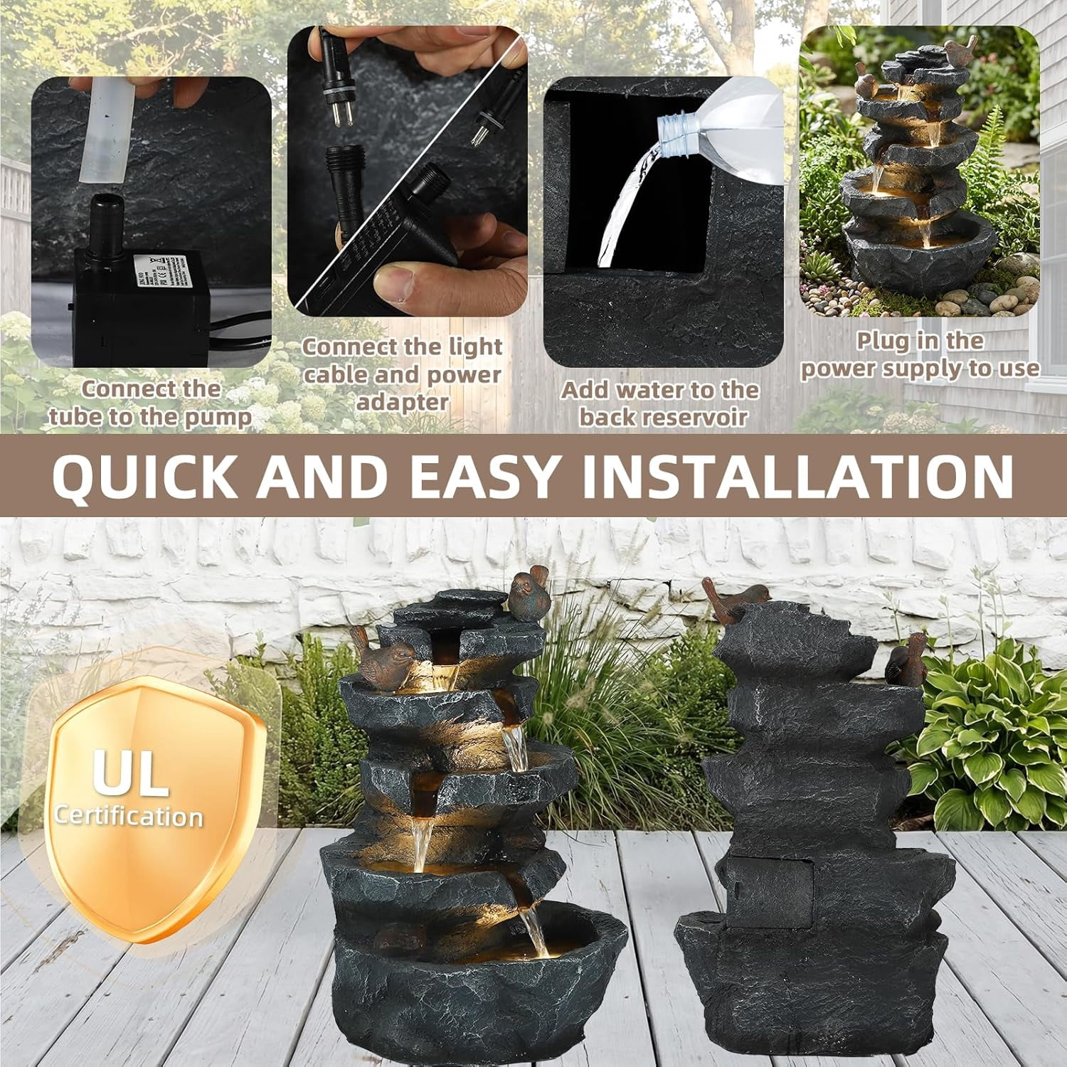 EPICOZY 22.3" Tall Outdoor Rock Waterfall Fountain, 5-Tier Cascading Garden Water Feature with Bird Decor & LED Lights, Natural Stone Resin Fountain with Filter Cotton for Patio, Yard, Porch & Indoor