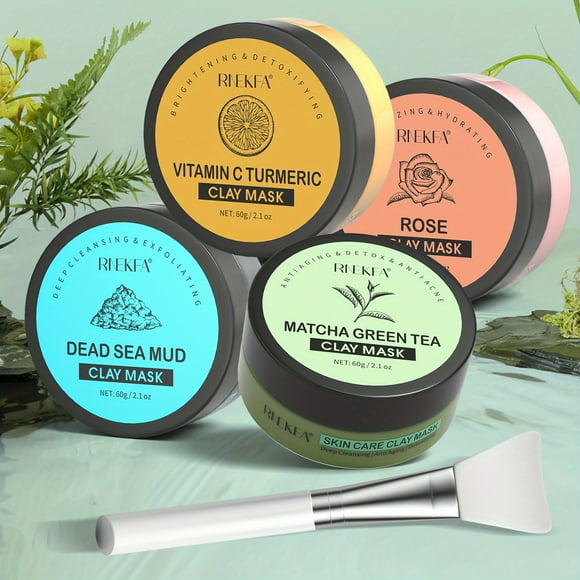 4-Piece Clay Mask Gift Set - Vitamin C, Green Tea, Mud & Rose Clay Masks For Deep Cleansing, Moisturizing & Refining Pores!