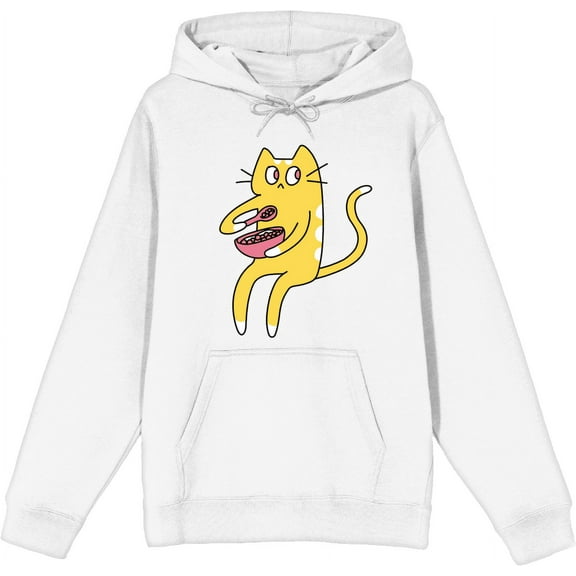 Derpy Kitty Cat With Pink Bowl Adult White Long Sleeve Hoodie-XXL