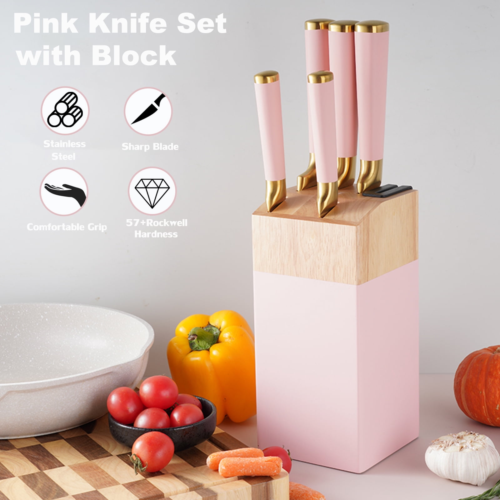 Kitchen Knife Set, 6-Pieces Golden Titanium Coated Knife Block Set with Wood Knife Block & Built-in Sharpener, Stainless Steel Sharp Chef Knife Set, Pink Knives Set for Home Kitchen