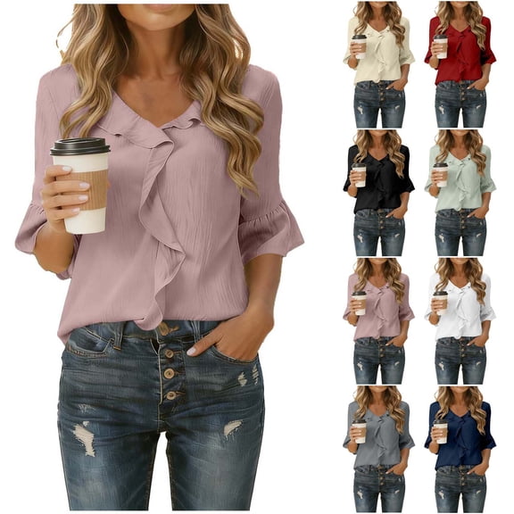 YUANxueke Womens Dressy Blouses Ruffle Half Sleeve Shirts Casual Comfortable V Neck Trendy Tops Elegant Summer Fashion Outfits
