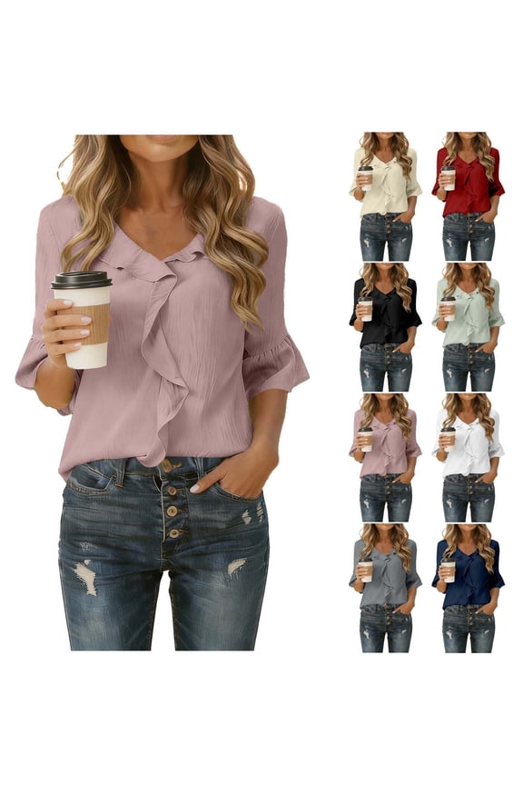 Women Work Out Tops Sawvnm Women's Fashion Spring/Summer Solid Color V-neck Lace Collar Lace Short Sleeve Five-in-a-Sleeve Shirt/Top Tank Tops for Women Pink S