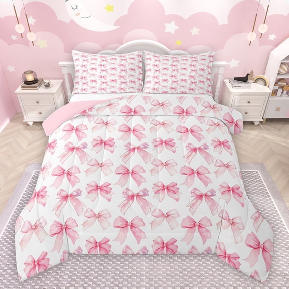Castle Fairy Girls Kawaii Pink Ribbon Bowknot Bedding Comforter Set 2pcs,Dreamy Princess Twin Comforter Sets Microfiber,Cartoon Cute Bow Breathable Bedding Set,Breathable Home Decor,Reversible