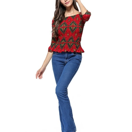 Leopard Print Ruffle Trim - Off Shoulder Blouse for Women Ruffle Sleeve Floral Printed Casual Tops Summer Blouses Loose Vintage Party T-shirt Red Floral S