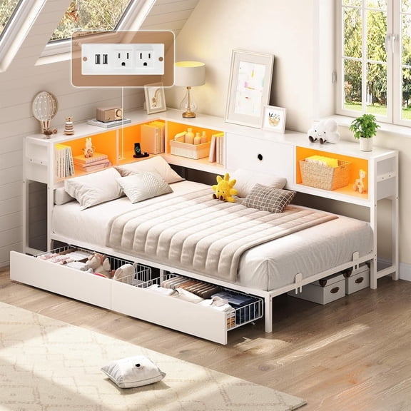 Twin Size Corner Bed Frame with Bookcase Storage,Twin Daybed with Charging Station,Platform Bed Frame with Led Lights and Storage Drawers for Living Room,Bedroom,Guest Room,Easy Assemble,White
