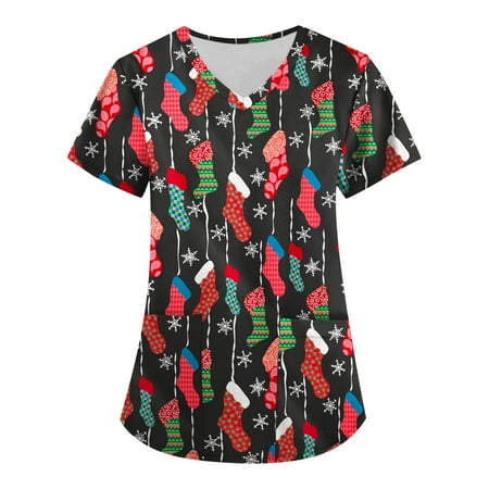 

EHTMSAK Nursing Scrubs Women Short Sleeve Fall Christmas T Shirt V Neck Nurse Tops Nurse Uniform Tunic Pockets T Shirt Blouse with Pockets Red XL